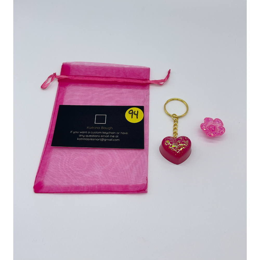 1 Sequin Hot Pink Heart Charm Custom Keychain with Gold Chain and 1 Small Sequin Light Pink Resin Decorative Flower
