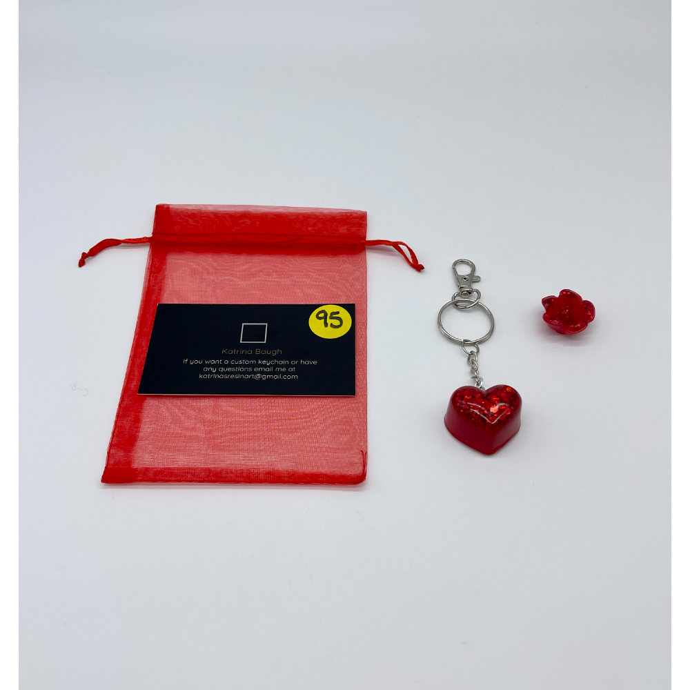 1 Sequin Red Heart Charm Custom Keychain with Silver Chain and 1 Small Sequin Red Resin Decorative Flower