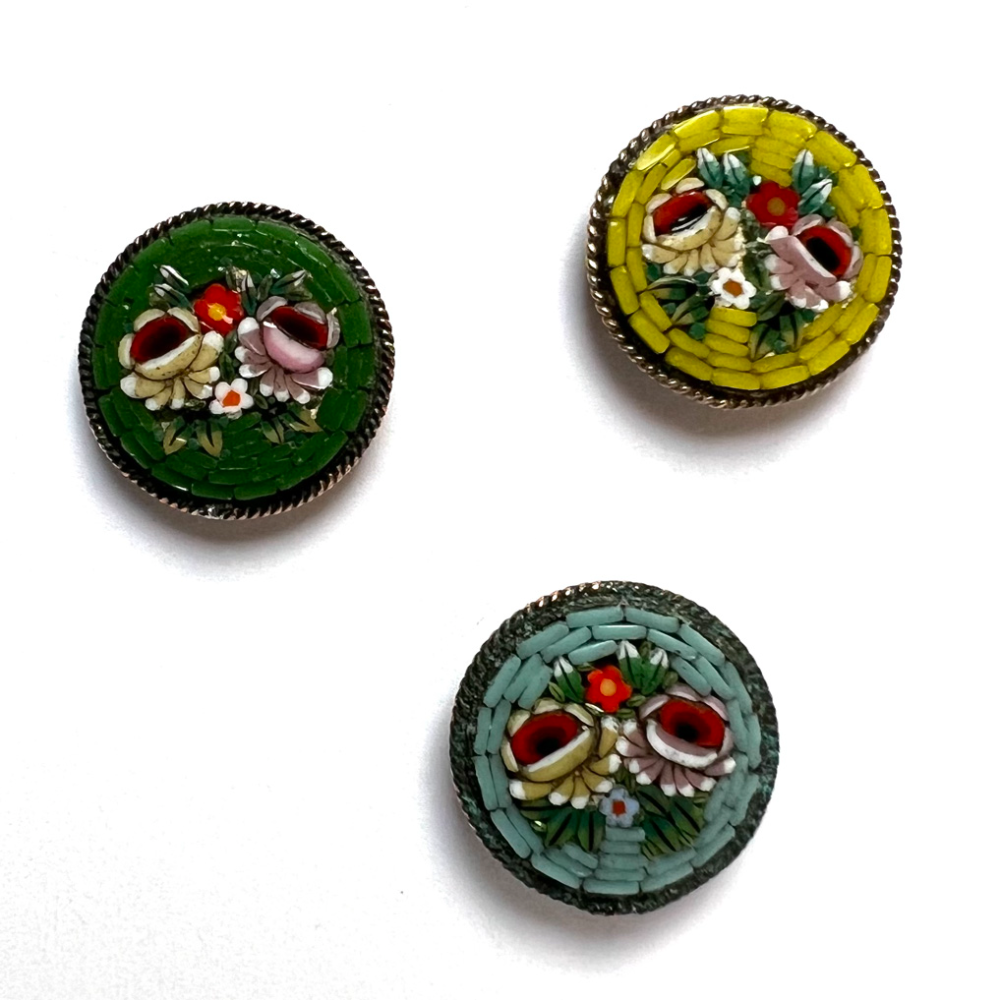 Three Italian micro mosaic buttons of roses.   