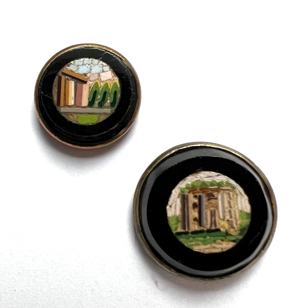 Two Italian micro mosaic buttons of buildings.   