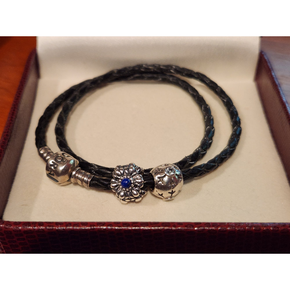 Pandora Moments Double Black Leather Bracelet with 2 charms