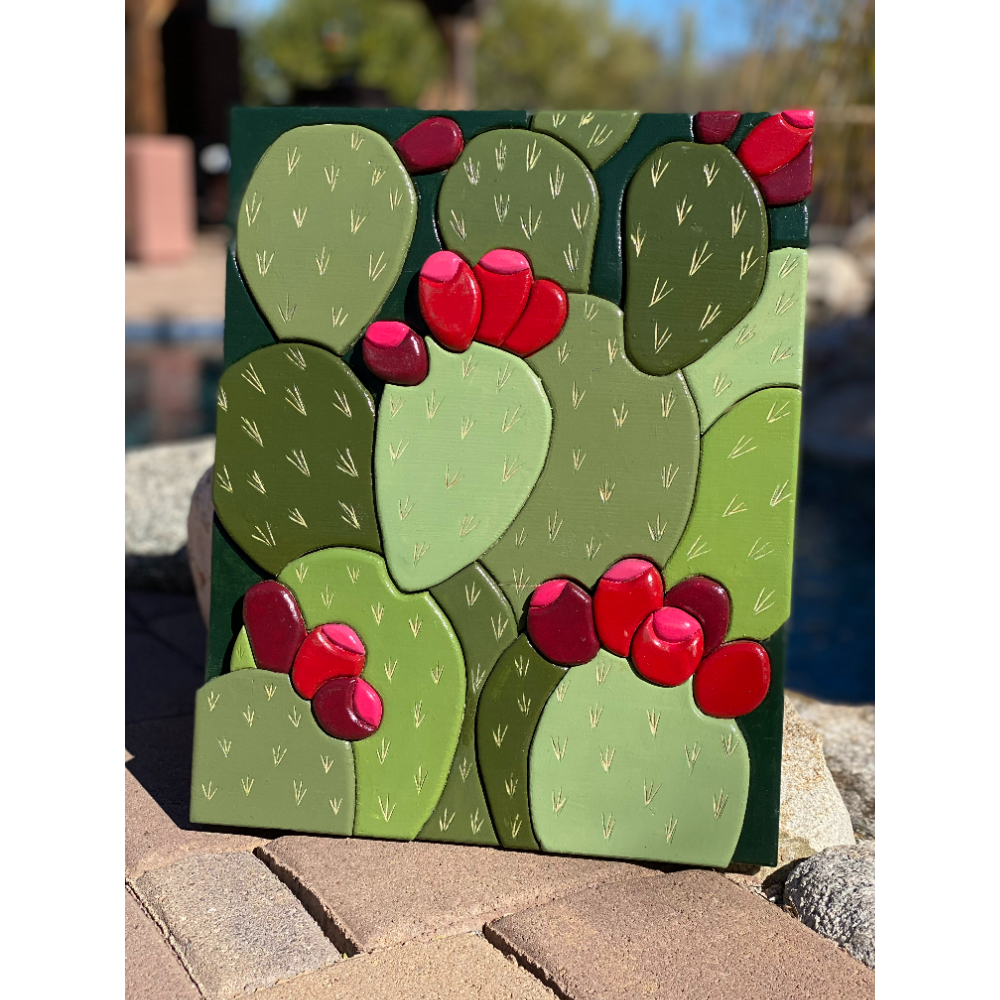 "Afternoon Prickly Pears" hand carved wood panel
