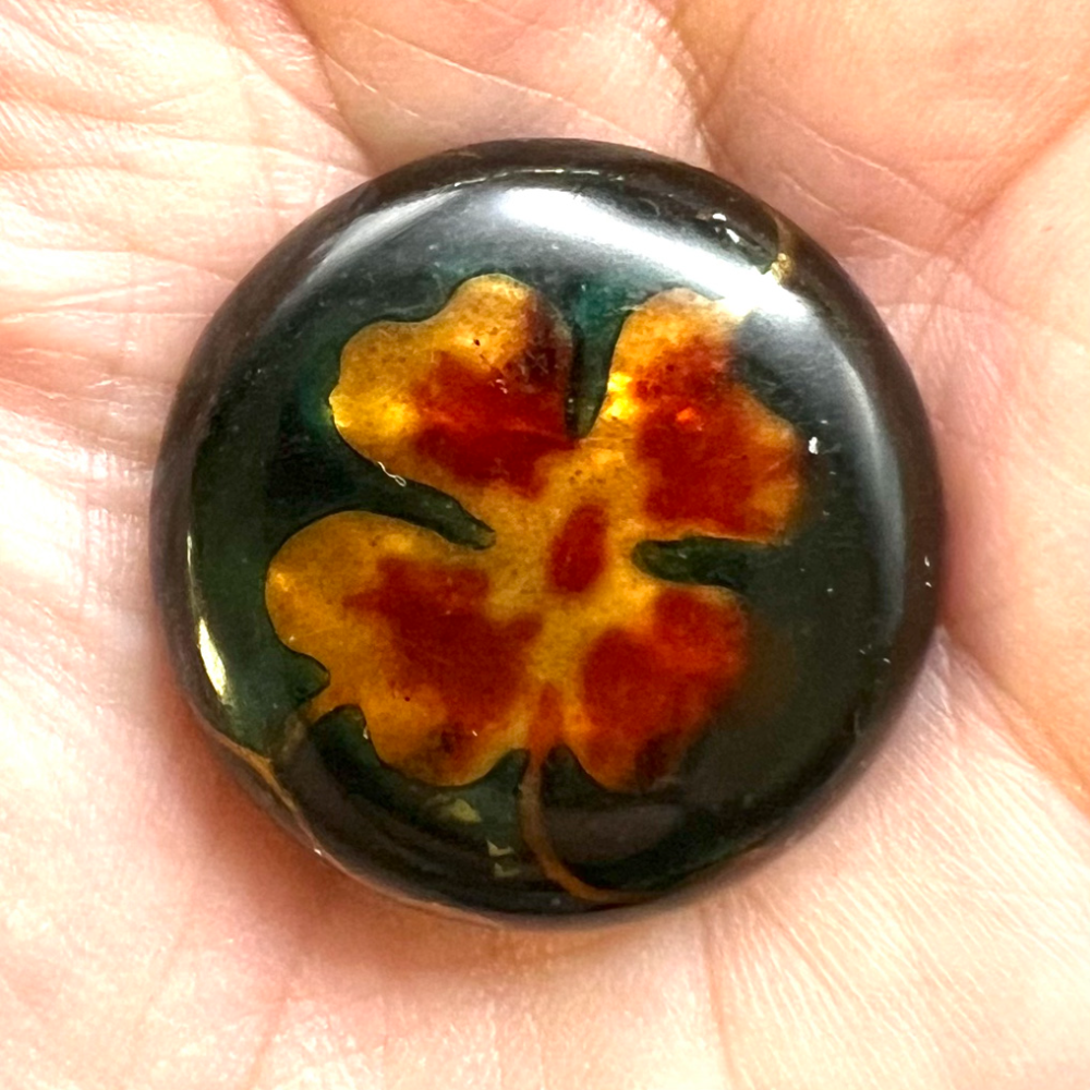 Celluloid “Glow” Bubble Top Pansy button.