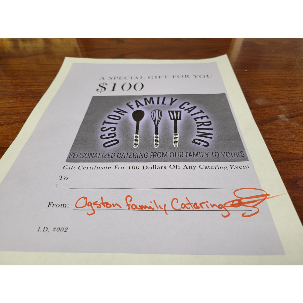 $100 gift certificate for Ogston Family Catering 