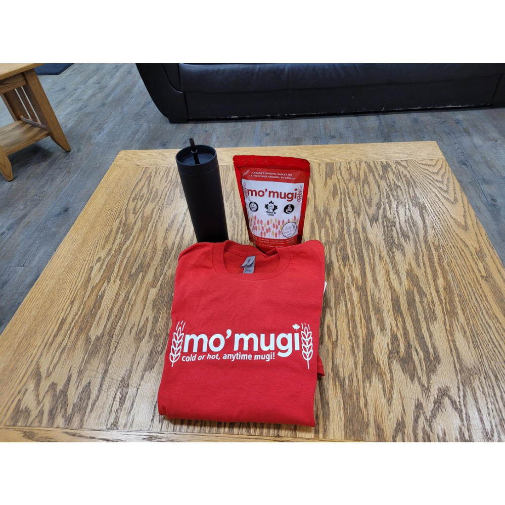 Travel mug, Mo'Mugi barley tea and a Tshirt