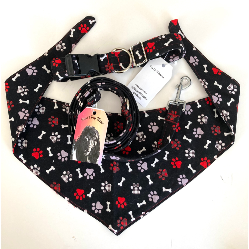 Hand Crafted Dog Apparel Set by Amy Carpenter Dog Leash, Bandana, & Collar 