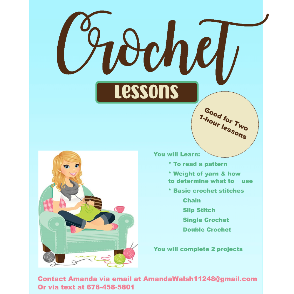 2 crochet class sessions and a set of crochet hooks