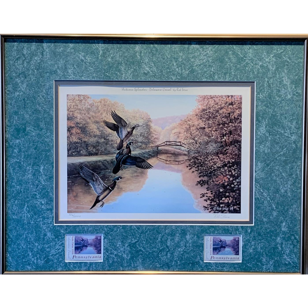 Framed Print “Autumn Splendor - Delaware Canal” by Rob Stine with Vintage Commemorative PA State Park Stamps. Delaware Canal State Park 