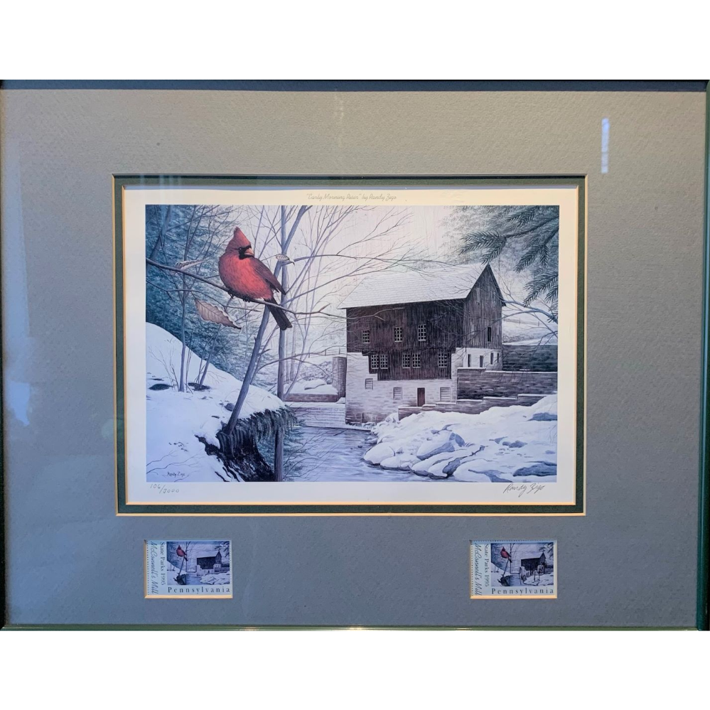 Framed Print “Early Morning Riser” by Randy Zigo with Vintage Commemorative PA State Park Stamps. McConnell’s Mill State Park