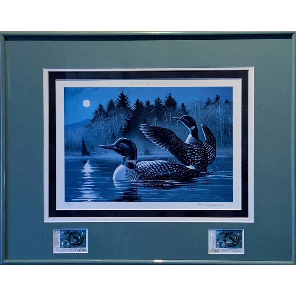Framed Print “Loons On Lake Arthur” by Bob Sopchick with Vintage Commemorative PA State Park Stamps. Moraine State Park