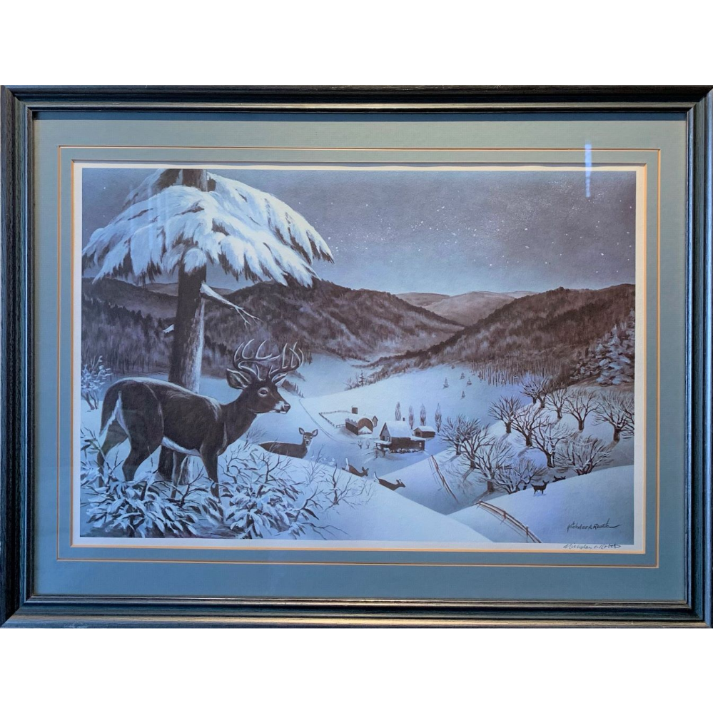 Framed Deer and Farm in Winter Print by Nicholas A. Rosato