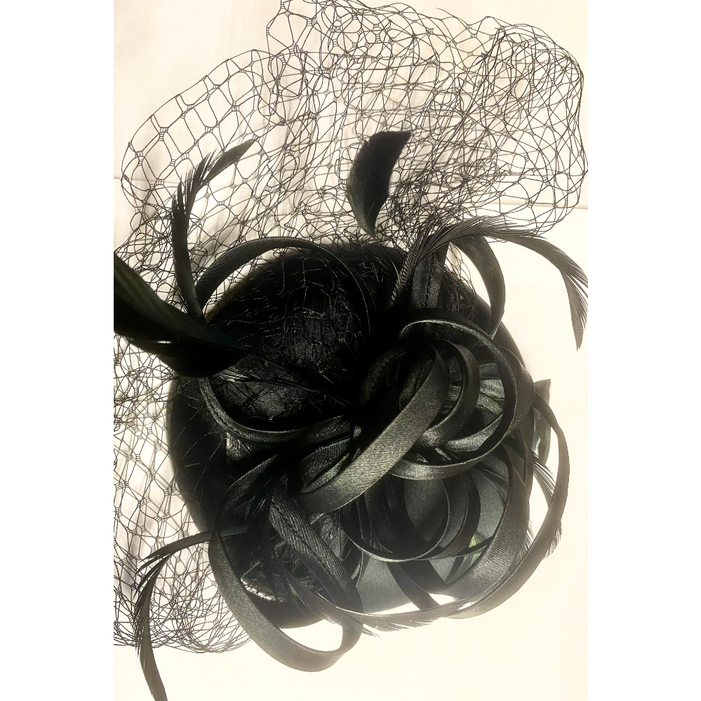 Black Veiled SatinFascinator w/ Ribbon & Feathers