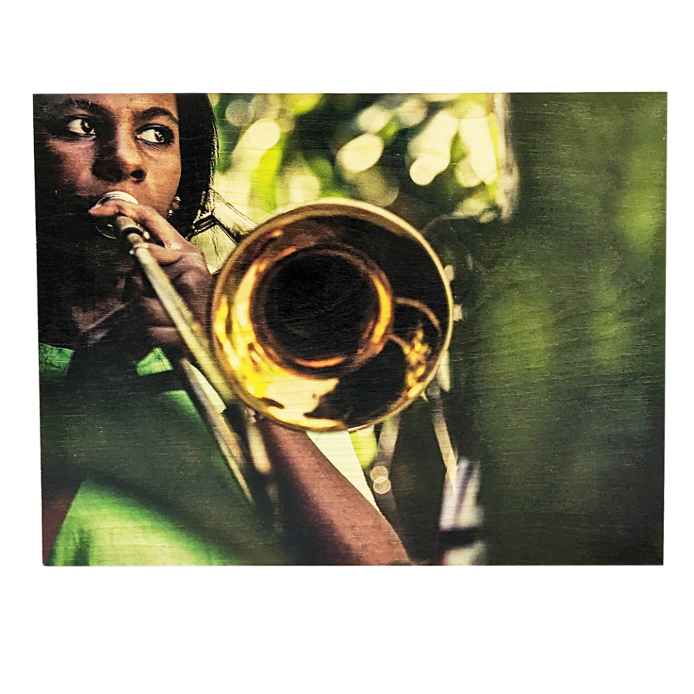 "Trombone Musician" Photo printed on Birch Wood 14"W 11"H