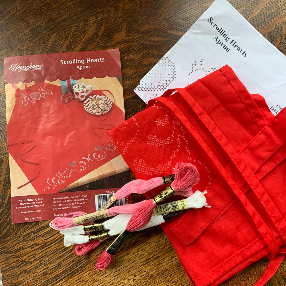 Scrolling Hearts Apron Cross Stitch Kit