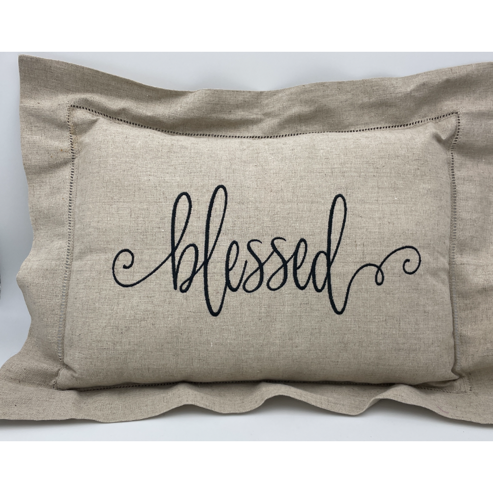"Blessed" Embroidered Linen Pillow