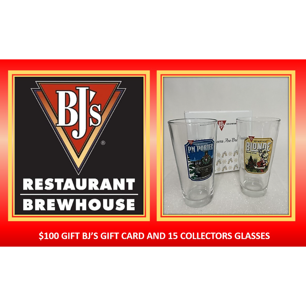 BJ'S $100 GIFT CARD & COLLECTABLE BEER GLASSES