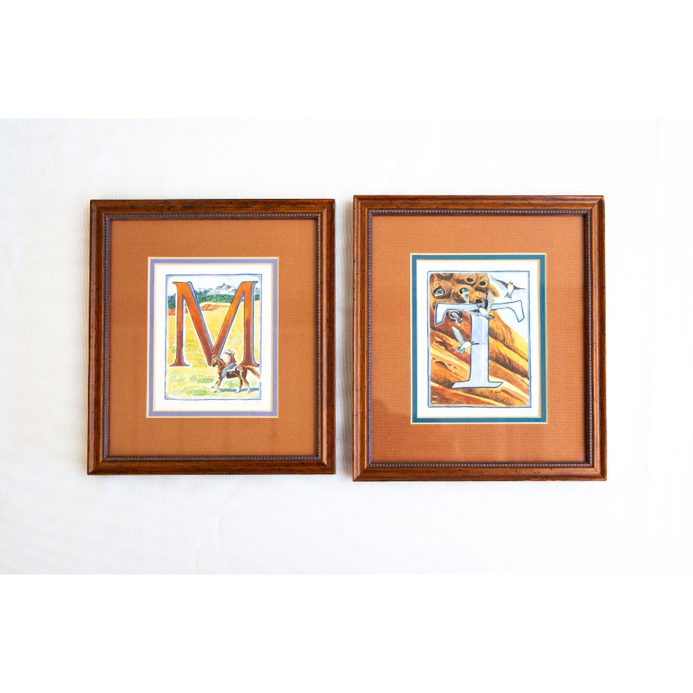 An Illuminated Letter "M" with Absarokas and an Illuminated "T" with swallows (spelling MT) by Hannah Hinchman