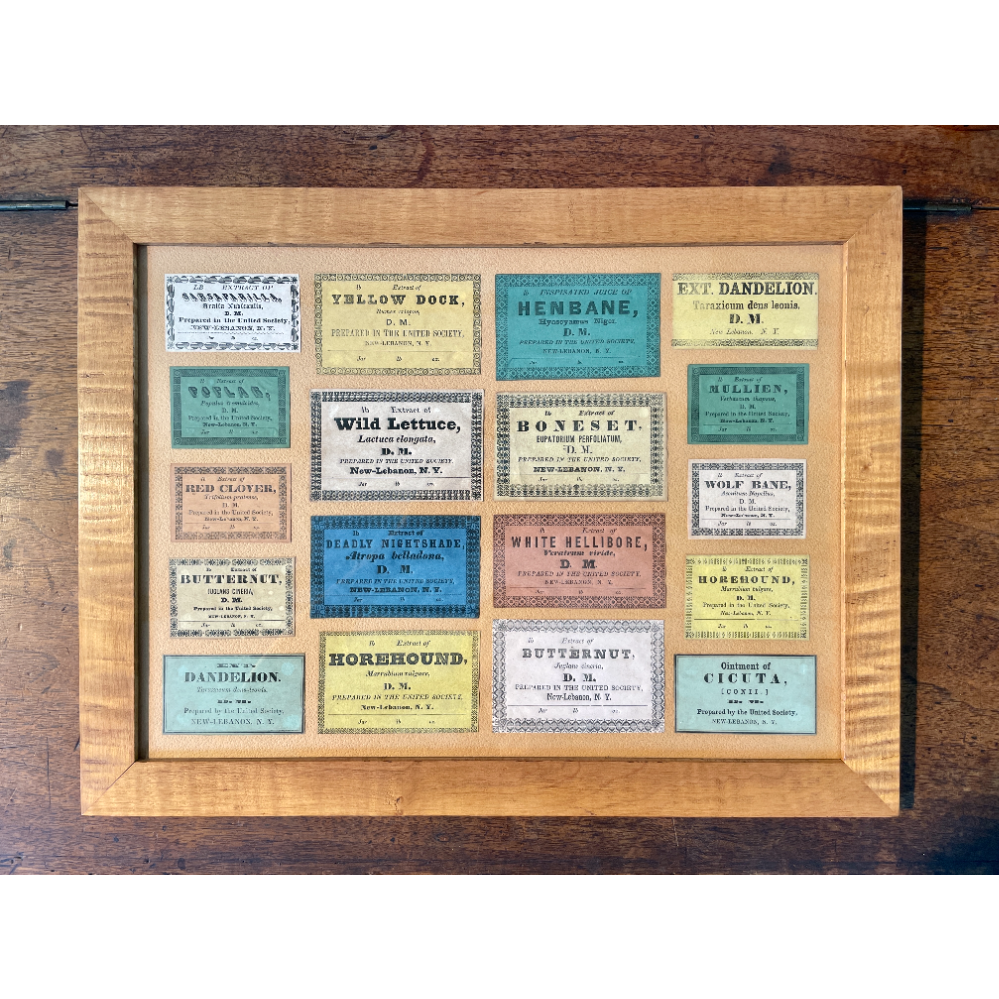 18 Shaker Extract and Ointment Labels framed by Ejner Handberg