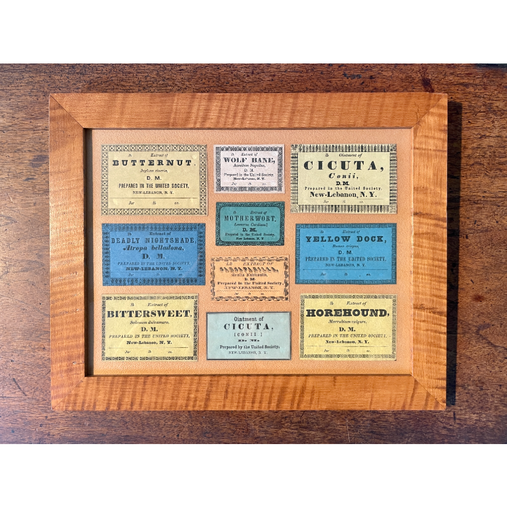 10 Shaker Extract and Ointment Labels framed by Ejner Handberg