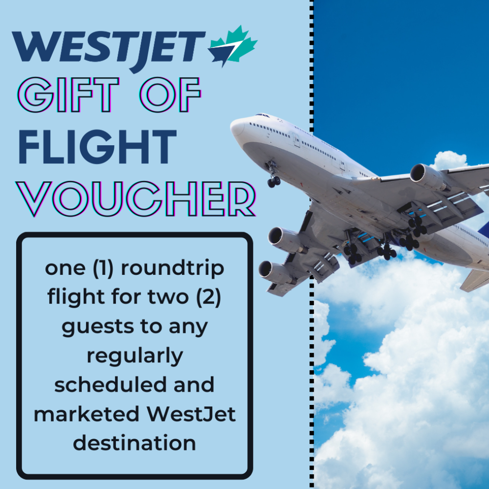 WestJet Flight Voucher - One (1) roundtrip flight for two (2) guests to any regularly scheduled WestJet destination!