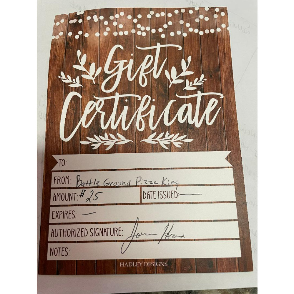 Battleground Pizza King $25 Gift Certificate