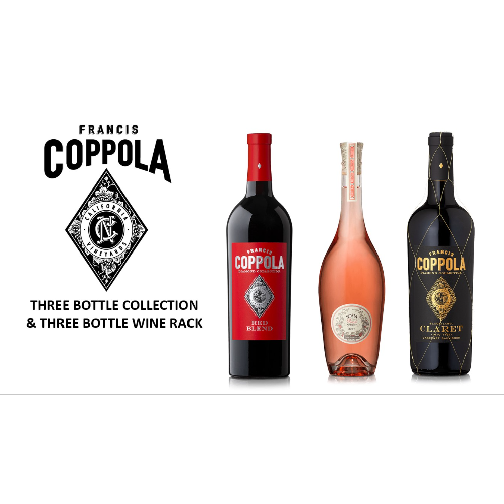 (3) BOTTLES OF COPPOLA WINE & 3 BOTTLE WINE RACK