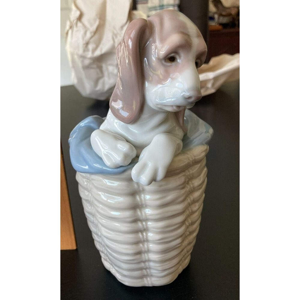 Lladro Dog in Basket Figurine