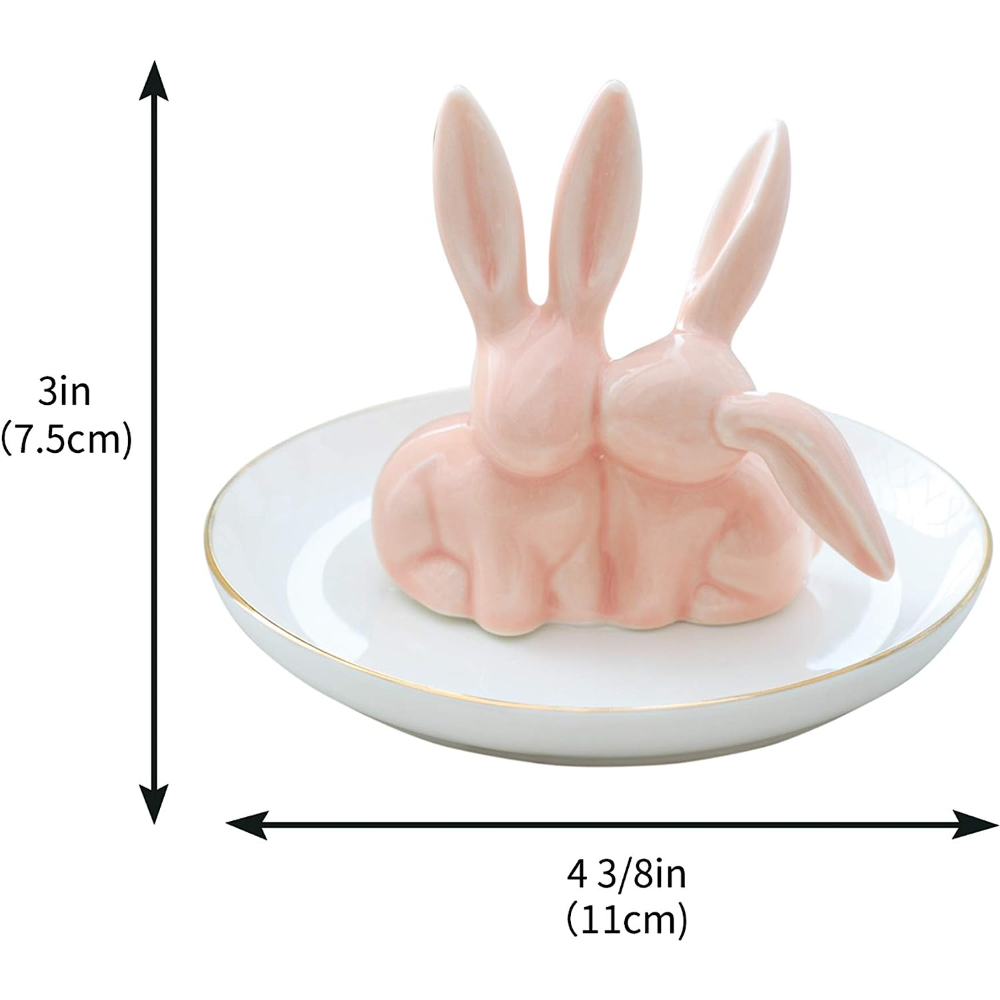 VELLARR Bunny Ring Holder Jewelry Tower Ceramic Dish Plate Jewel Display Organizer Trinket Tray, Lovely Rabbit (Pink)