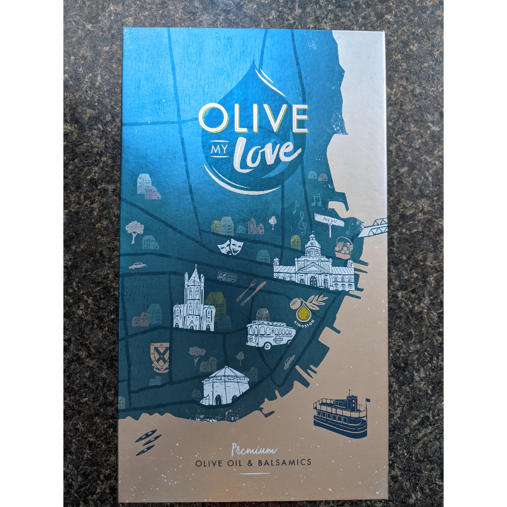 Gift box with selected olive oil and balsamic vinegar donated by Kingston Olive Oil Company