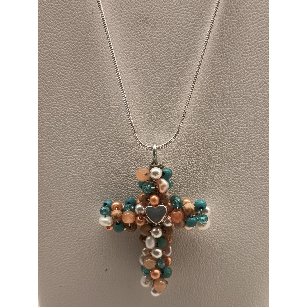 Pearl, Turquoise, & Blue Topaz Cross Necklace