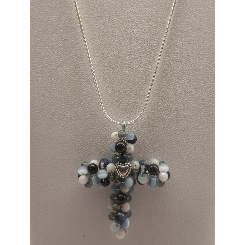 Black Onyx & Blue Agate Cross Necklace