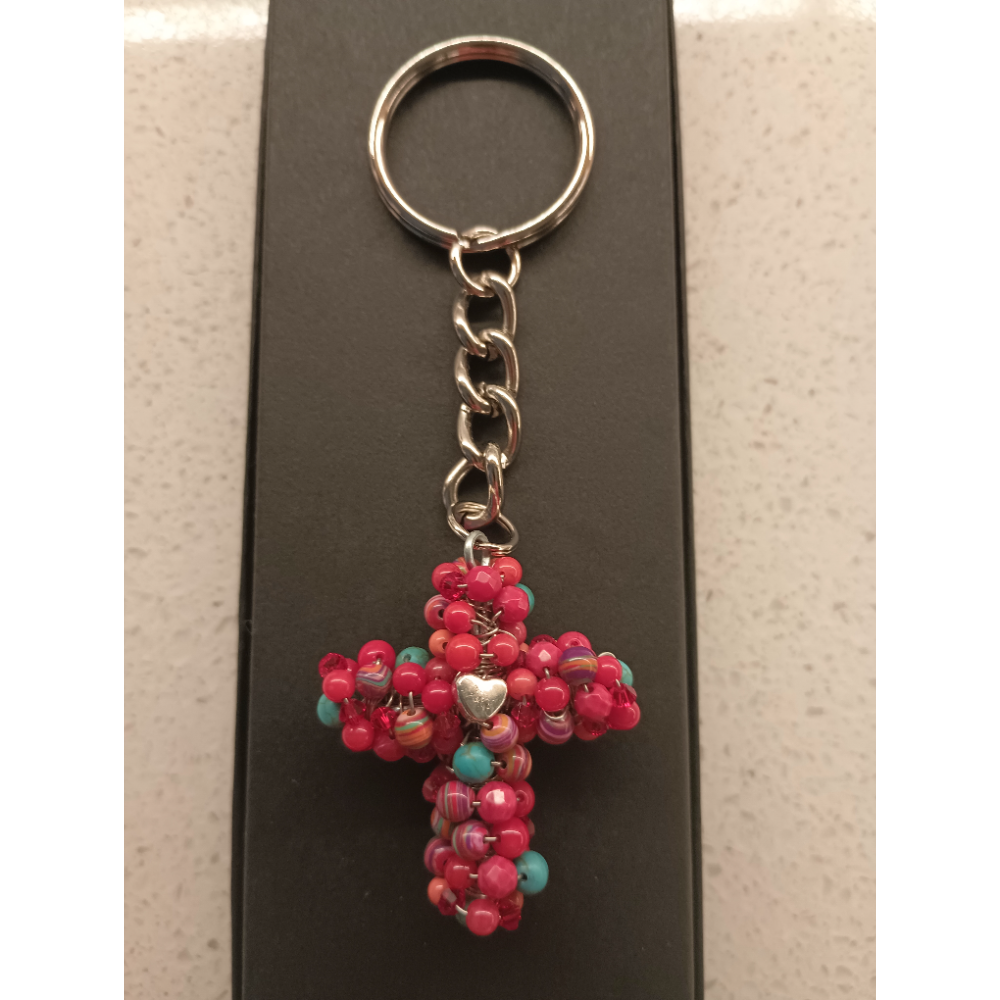Red Agate & Turquoise Beaded Cross Keychain