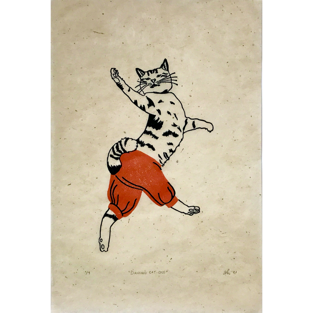 "Dancing Cat 1" hand printed original linocut print by Gabrielle Haynes