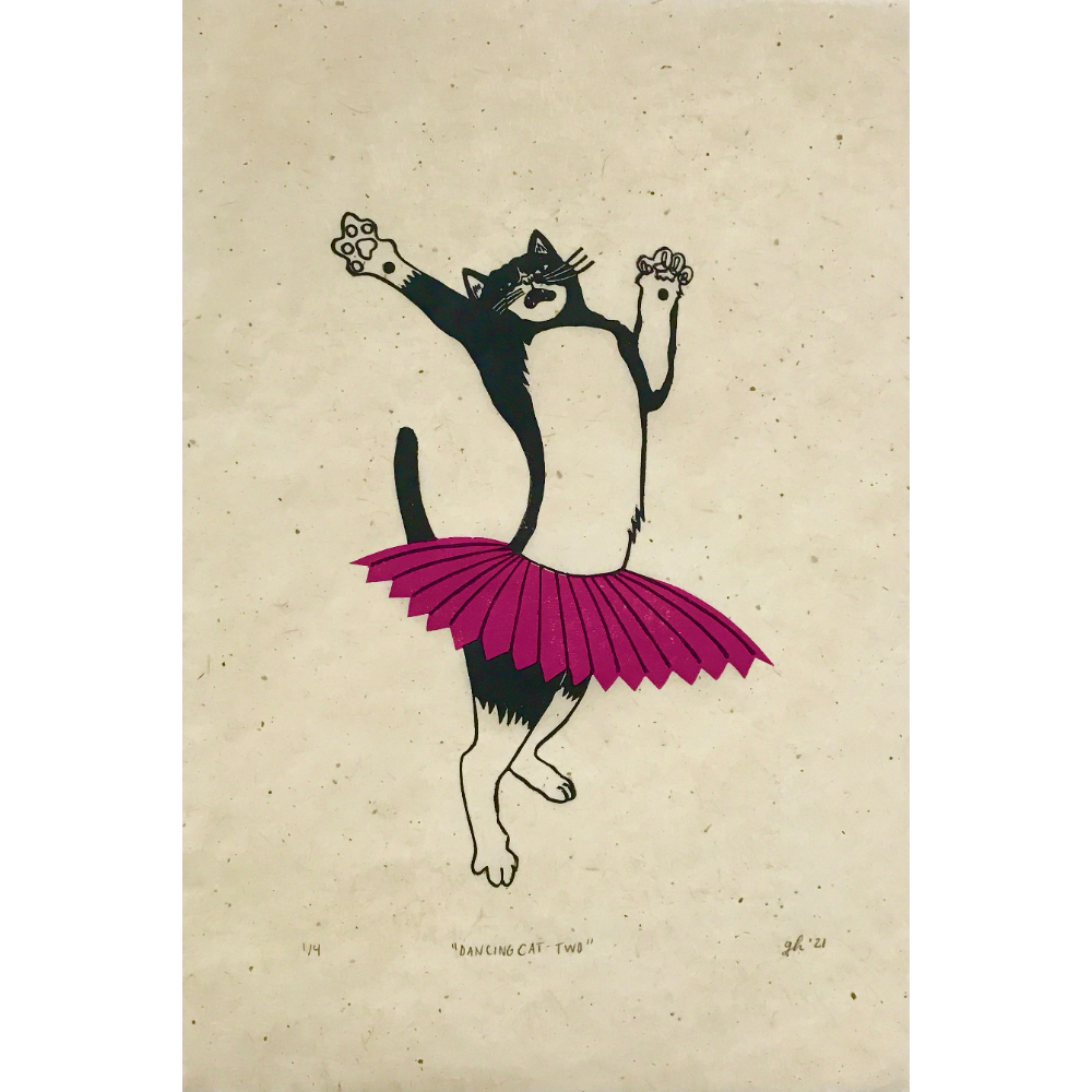 "Dancing Cat 2" hand printed original linocut print by Gabrielle Haynes