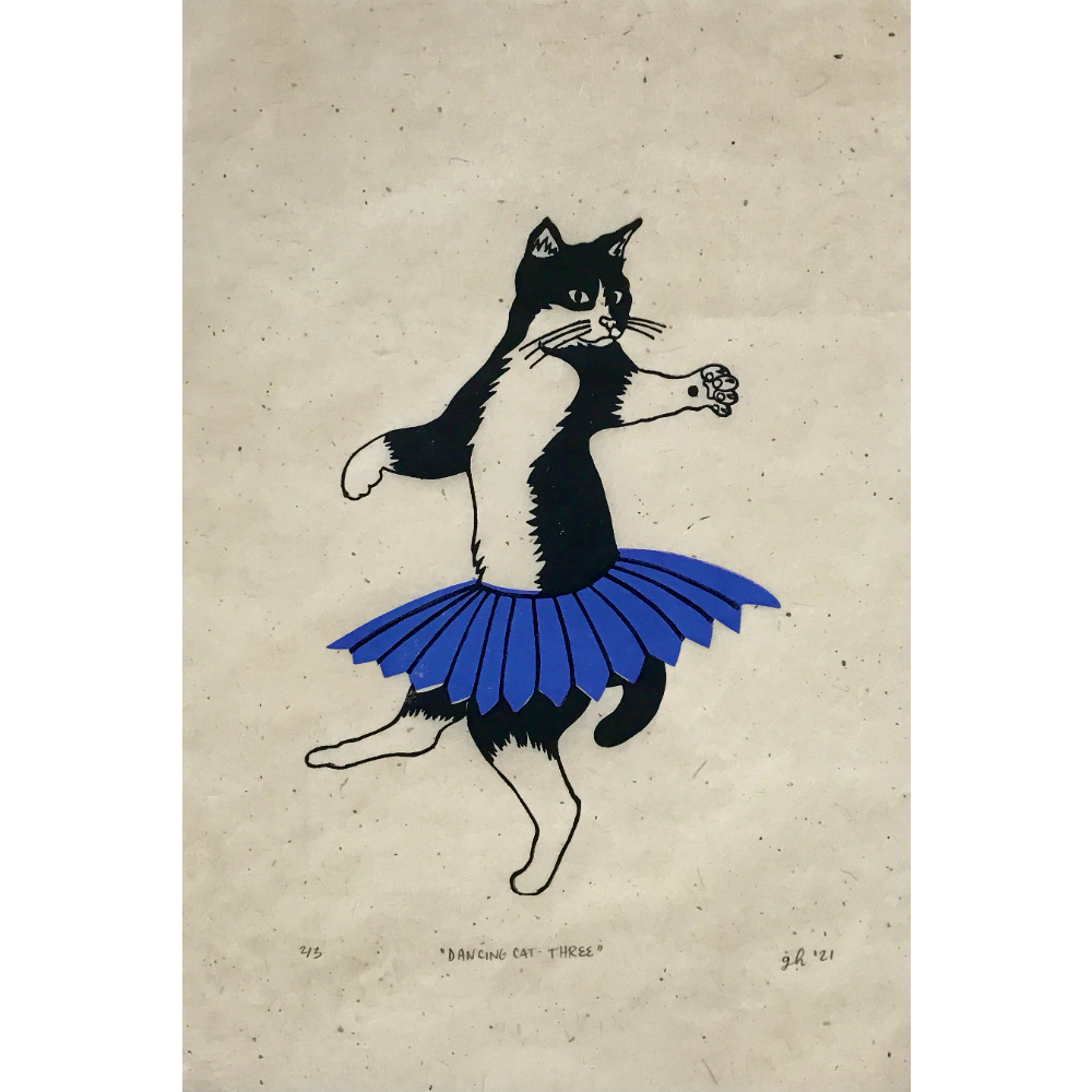 "Dancing Cat 3" hand printed original linocut print by Gabrielle Haynes