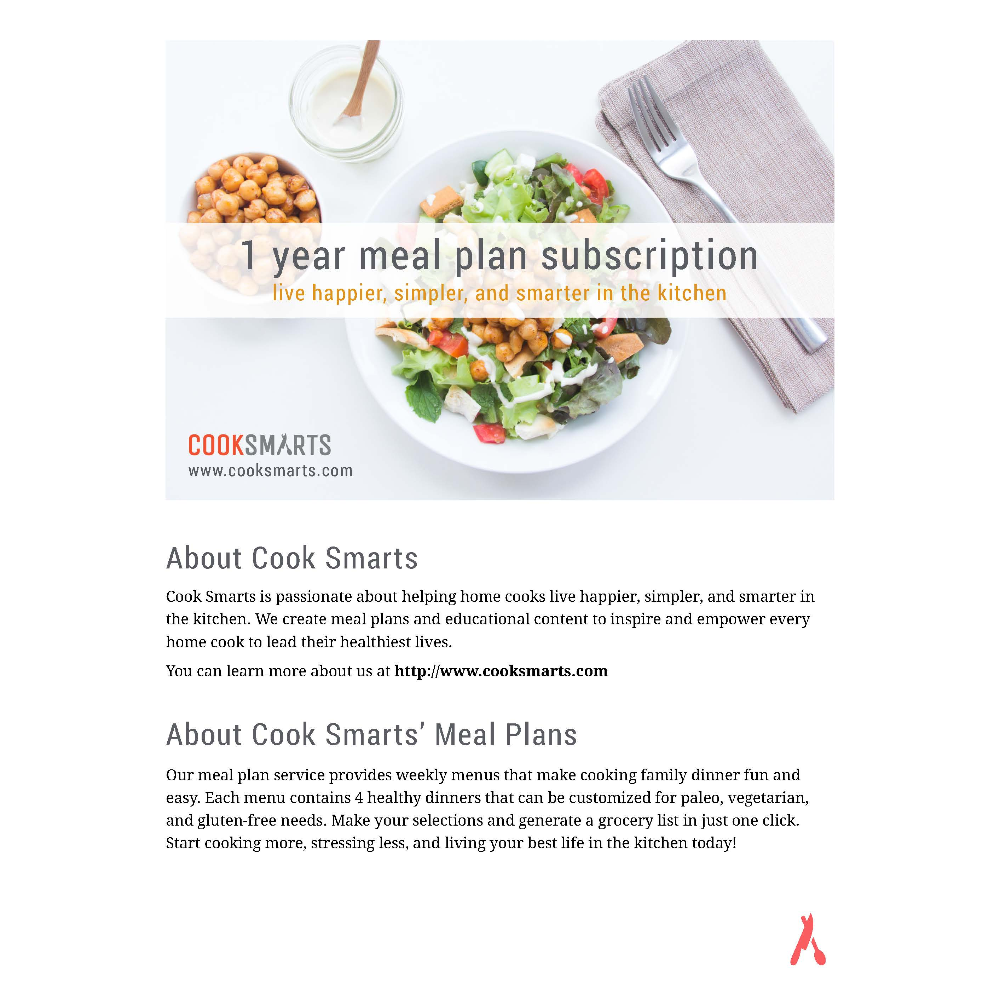 1 Year Subscirption to CookSmarts Meal Menu Planning