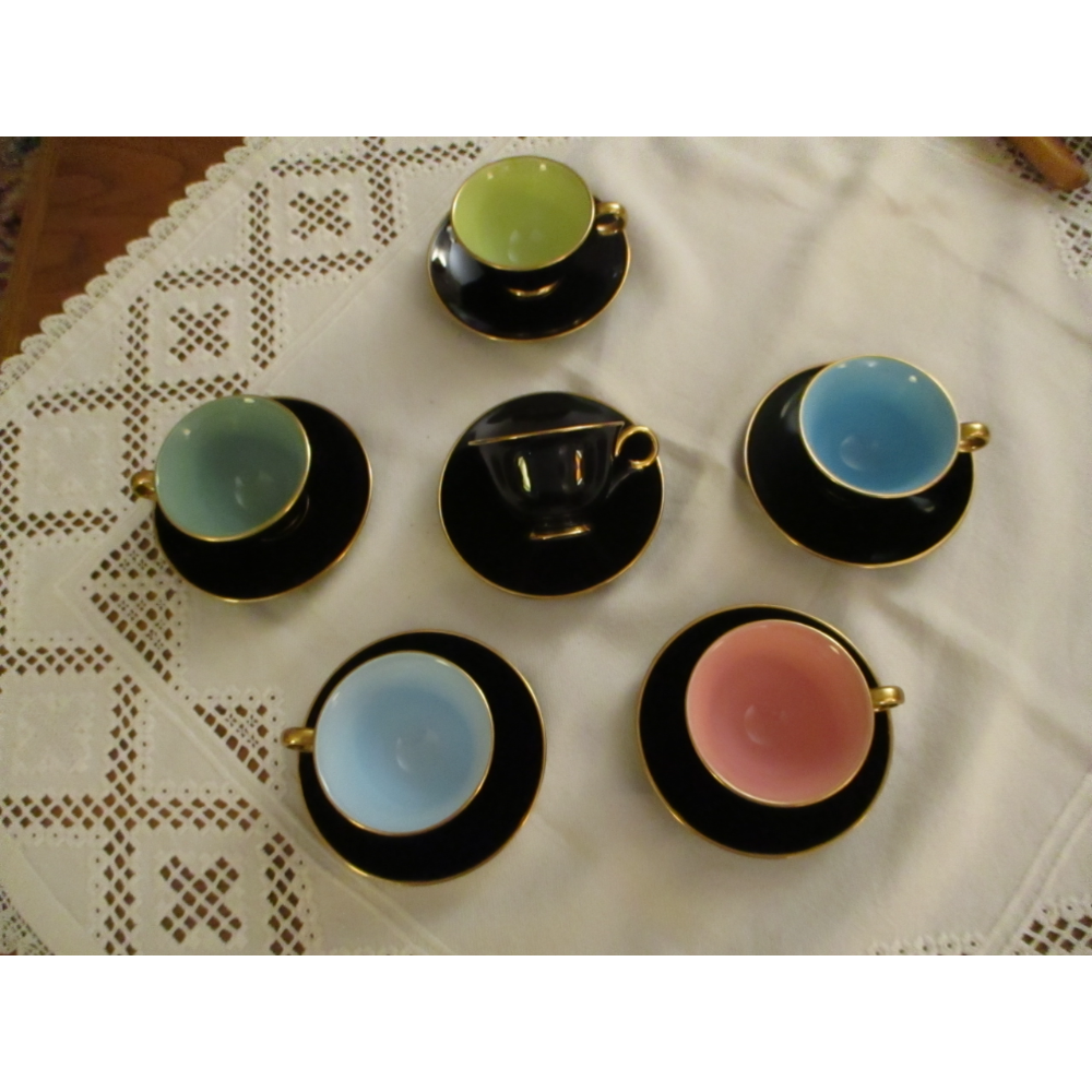 Black and gold Harlequin demitasse porcelain tea set from Norway, set of 6 cups and saucers