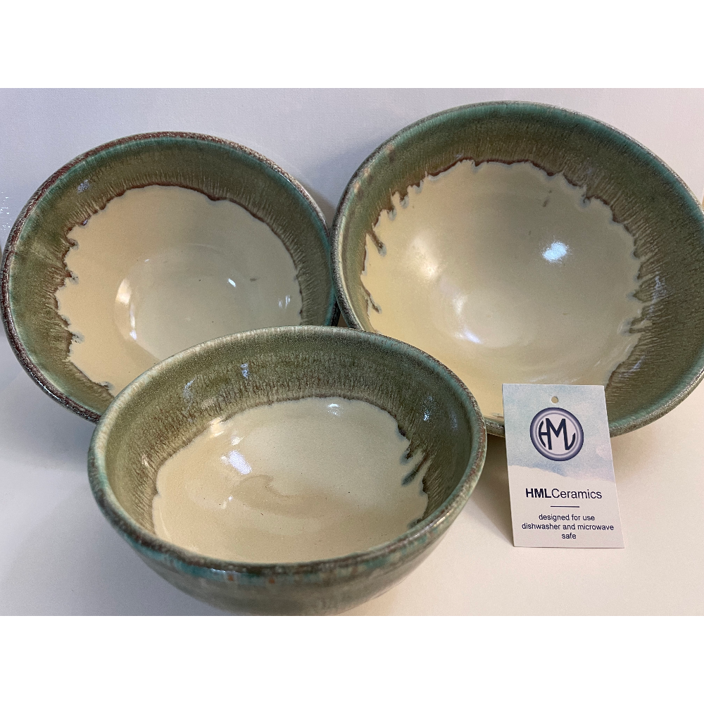 Spectacular Set of 3 Nesting Bowls by HML Ceramics
