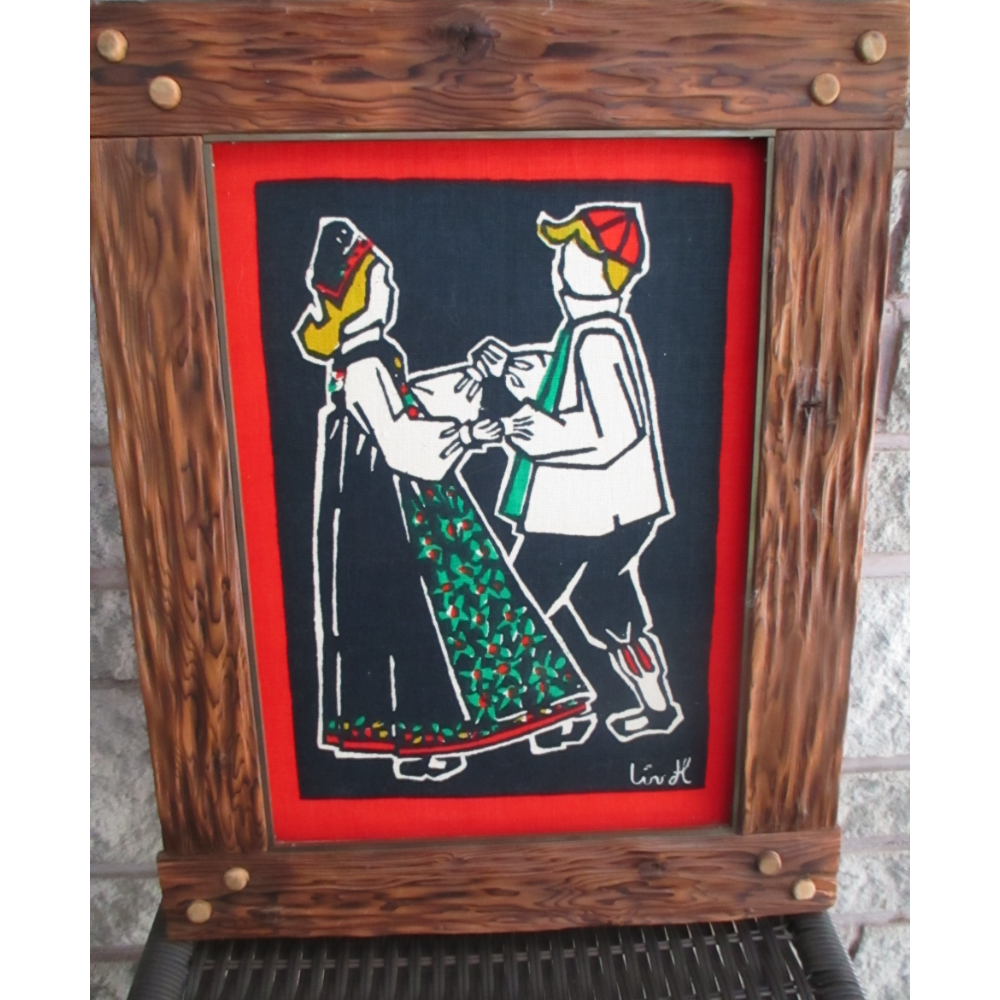 Hallingdal dance couple by Liv Hassel, Norwegian textile artist, framed