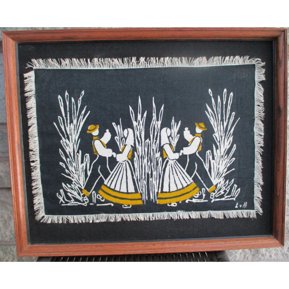 Norwegian couples dancing in the harvest fields by Liv Hassel, textile artist, framed