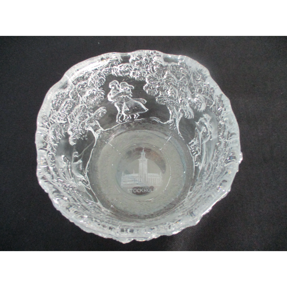 Rhapsody art glass bowl by Kosta Boda raised relief ice texture featuring dancers in a forest