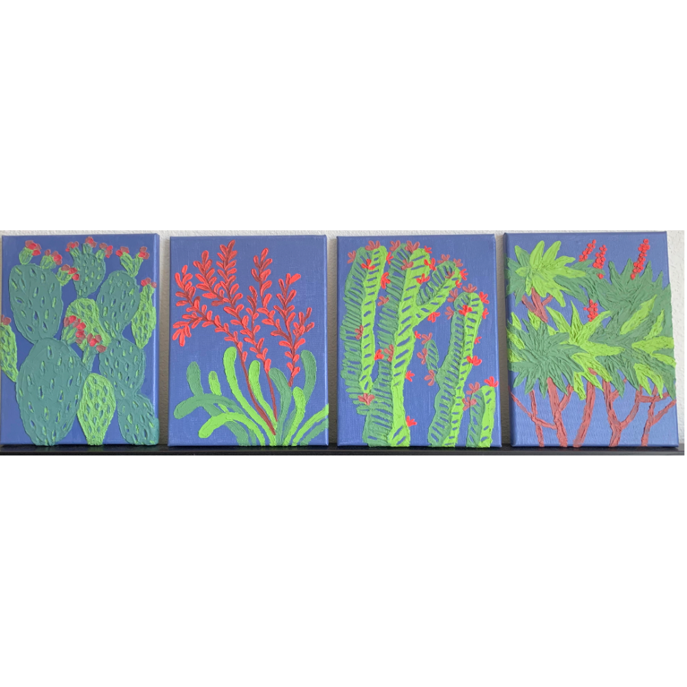 "Plants" Series.  Set of 4 paintings.  9x12 inches, acrylic paints and texture paste on canvas.