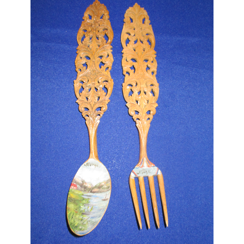 Gorgeously carved salad spoon and fork (or display) with painted scenes from Norway