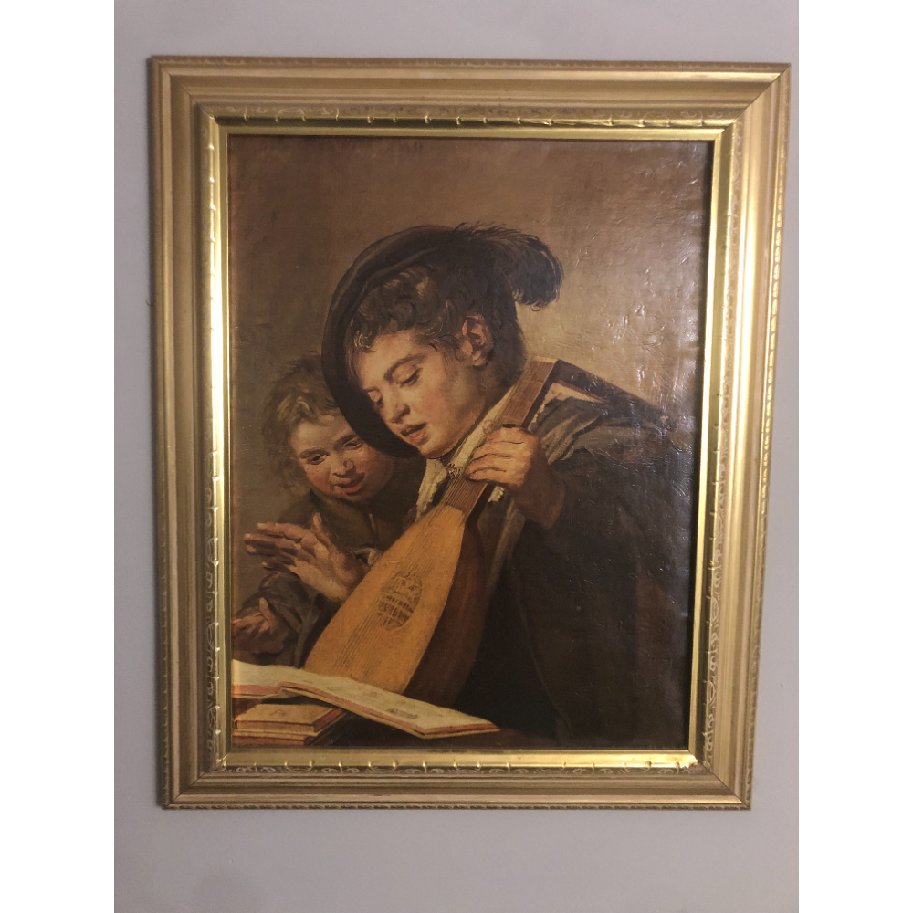 Two singing boys with a lute and a music book by Frans Hals framed reproduction