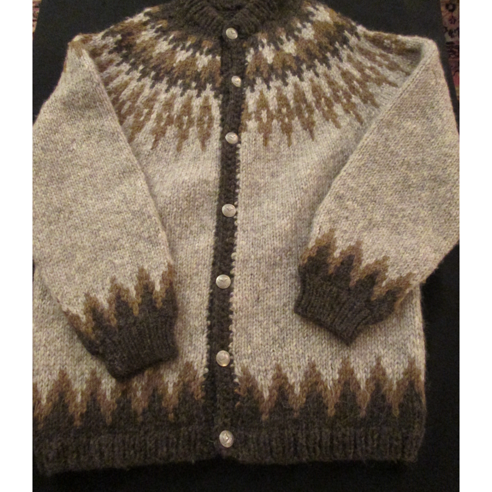 Beautifully hand knit Icelandic cardigan wool sweater in browns, Viking ship pewter buttons