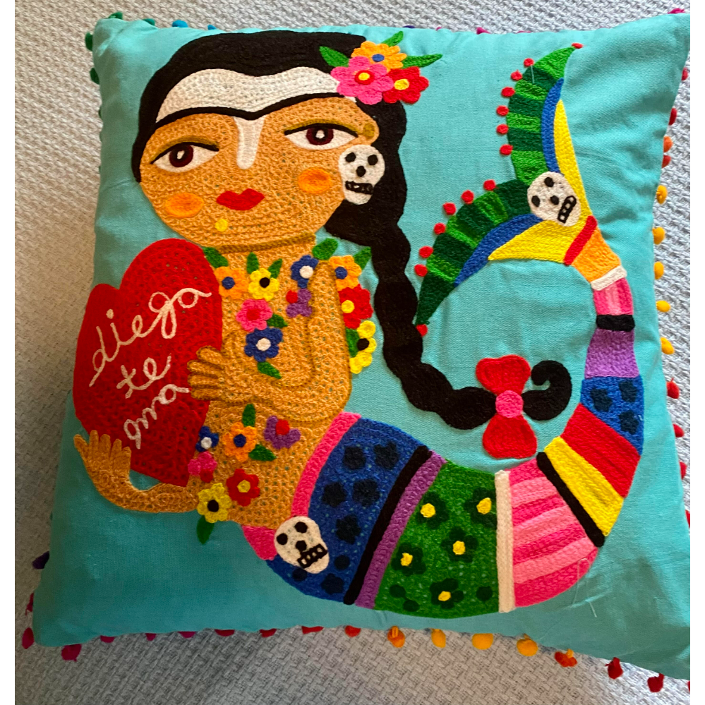 Frida Kahlo Mermaid Throw Pillow Colorfully Embroidered  