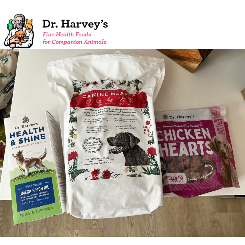 Dr. Harvey's 5lb dog food, omega-3 fish oil and treats