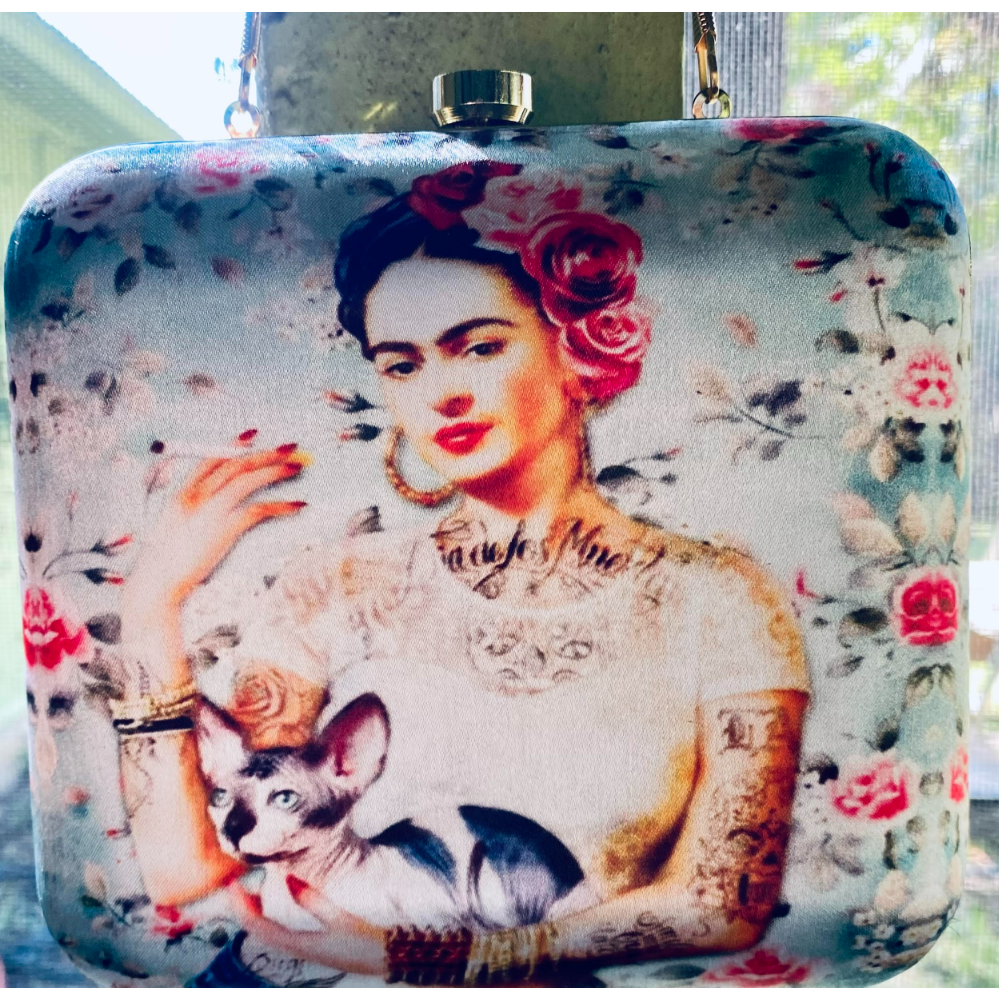 Frida Kahlo Clutch Handbag w/ Gold Frame & Crystal Clasp