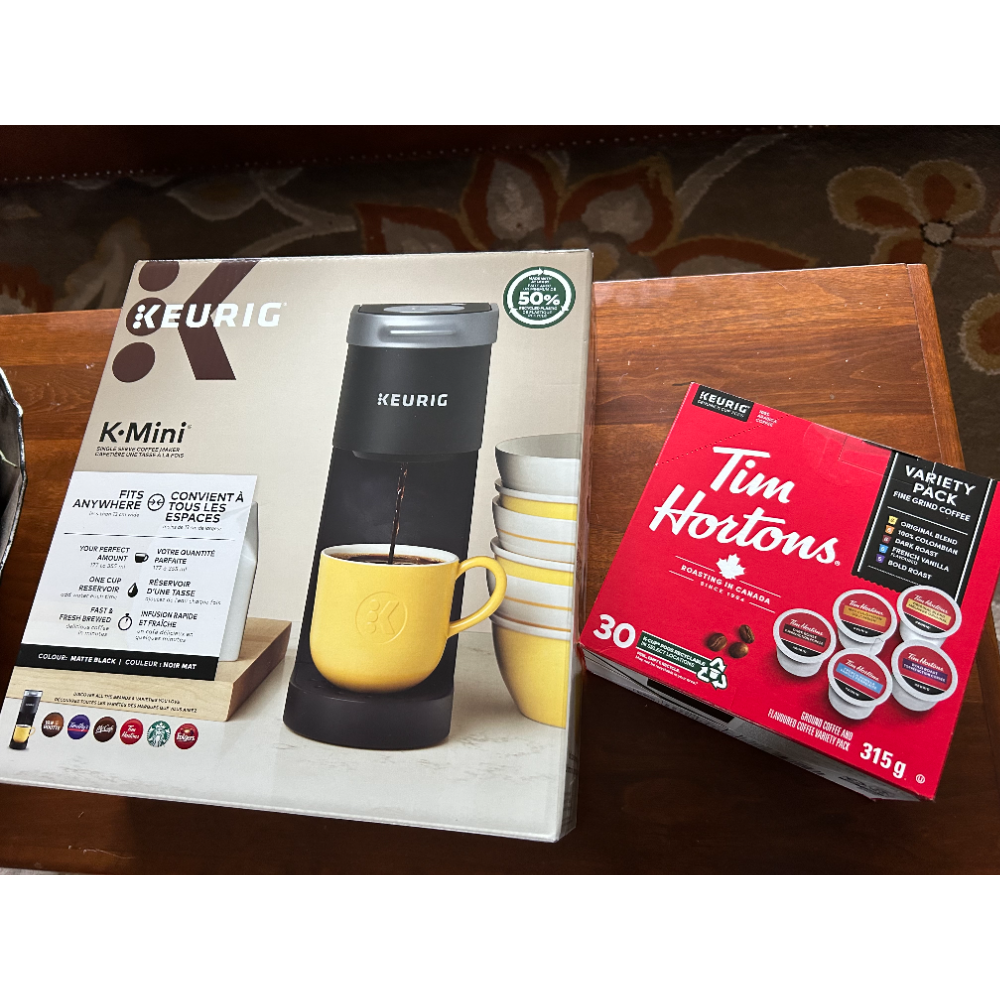 Keurig Coffee maker - - K-Mini Single Serve and Box of 30 Keurig Coffee Pods - Tim Horton Brand donated by Staples - Rio Can Center Kingston
