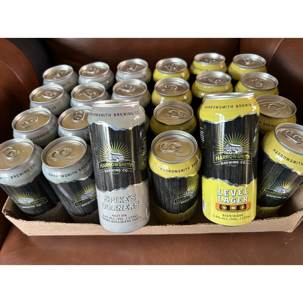 case of 12 Spike's Corners and 12 Level Lager beers made and donated by local brewer Harrowsmith Brewing Compay. 